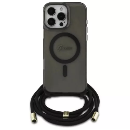 Apple iPhone 16 Pro 6.3" Fekete/Fekete Guess GUHMP16LHCTSGNSK Keménytok Crossbody Kötél Script MagSafe tok