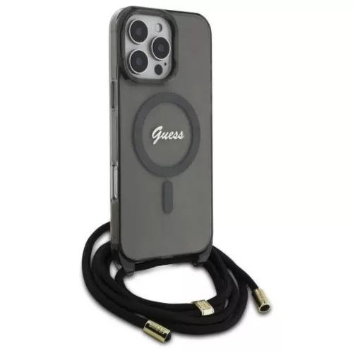 Apple iPhone 16 Pro 6.3" Fekete/Fekete Guess GUHMP16LHCTSGNSK Keménytok Crossbody Kötél Script MagSafe tok