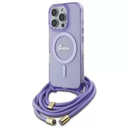 iPhone 16 Pro 6.3" lila/lila merev tok Guess GUHMP16LHCTSGNSU Crossbody Cord Script MagSafe tok