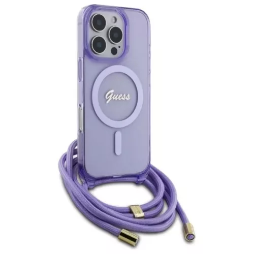 iPhone 16 Pro 6.3" lila/lila merev tok Guess GUHMP16LHCTSGNSU Crossbody Cord Script MagSafe tok