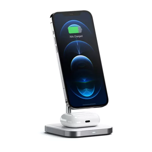 Satechi Alumínium 2 az 1-ben Mágneses Vezeték Nélküli Töltőállvány (iPhone 12/13, AirPods Pro, USB-C kábel mellékelve) - Fehér
