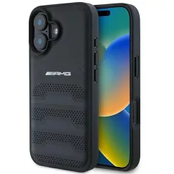   AMG Bőr Domborított Vonalak Fekete Logó iPhone 16 Tok - Fekete