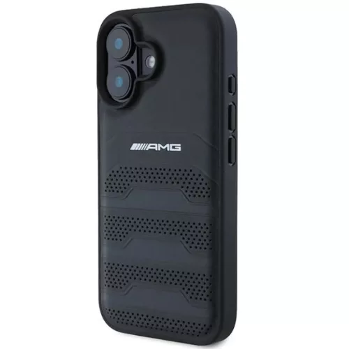AMG Bőr Domborított Vonalak Fekete Logó iPhone 16 Tok - Fekete