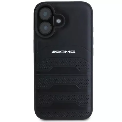 AMG Bőr Domborított Vonalak Fekete Logó iPhone 16 Tok - Fekete