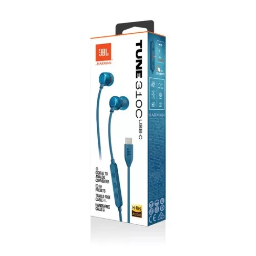 JBL Tune 310C Pure Bass fülbe dugható fejhallgatók (Type-C), Kék EU