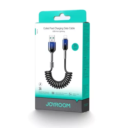Joyroom S-A43 Crystal-Clear Series 3A USB-A - Lightning spirál kábel 1.5m - fekete