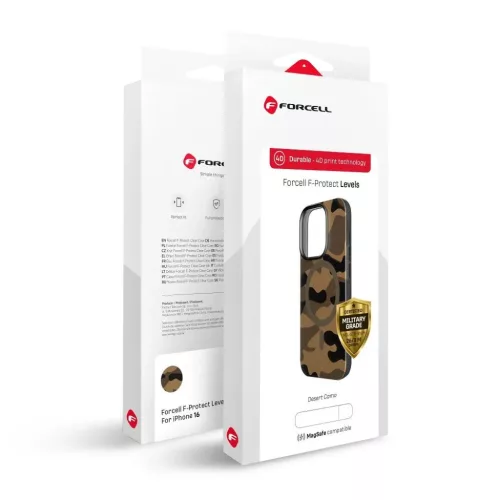 FORCELL F-PROTECT szintek két rétegű 4D technológiával, katonai ejtési teszt kompatibilis IPHONE 16 PRO sivatagi terepmintás tok