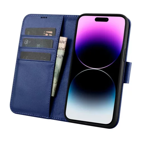 iCarer Wallet Case 2in1 Bőr Fliptok iPhone 14 Pro Max Anti-RFID Kék tok