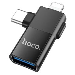   HOCO adapter OTG Type C (férfi) / Lightning (férfi) USB A (női) 2 az 1-ben UA17 fekete tok