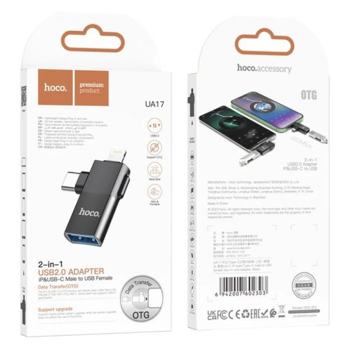 HOCO adapter OTG Type C (férfi) / Lightning (férfi) USB A (női) 2 az 1-ben UA17 fekete tok