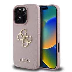 iPhone 16 Pro Pink Guess PU Grained 4G Metal Logo tok