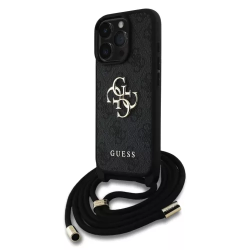 iPhone 16 Pro Fekete Guess PU 4G Metal Logo Crossbody Pántos tok