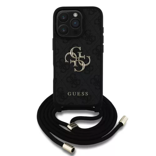 iPhone 16 Pro Fekete Guess PU 4G Metal Logo Crossbody Pántos tok