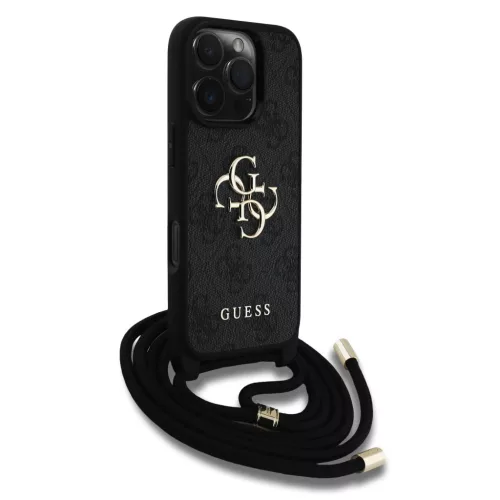 iPhone 16 Pro Fekete Guess PU 4G Metal Logo Crossbody Pántos tok