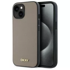 iPhone 15 bézs DKNY Grained Metal Logo MagSafe tok
