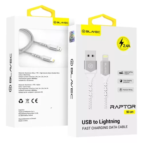 Blavec Cable Raptor fonott - USB Lightning kábel - 2,4A 0,5 méter (CRA-UL24WS05) fehér-ezüst