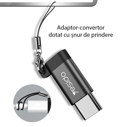 Yesido - OTG Adapter (GS04) - Micro-USB to Type-C, Plug & Play, 480Mbps - Fekete
