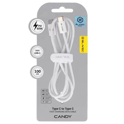 Blavec Cable Candy fonott - Type C to Type C - PD 60W 3A 1 méter (CCA-CC3W10) fehér