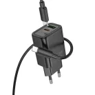 HOCO fali töltő USB-A + Type-C + Type-C Lightning kábel PD QC3.0 3A 30W N63 fekete,