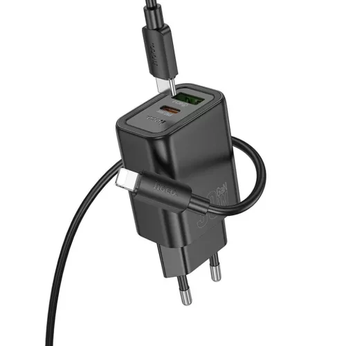 HOCO fali töltő USB-A + Type-C + Type-C Lightning kábel PD QC3.0 3A 30W N63 fekete,