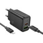 HOCO fali töltő USB-A + Type-C + Type-C Lightning kábel PD QC3.0 3A 30W N63 fekete,
