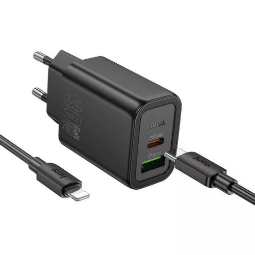 HOCO fali töltő USB-A + Type-C + Type-C Lightning kábel PD QC3.0 3A 30W N63 fekete,