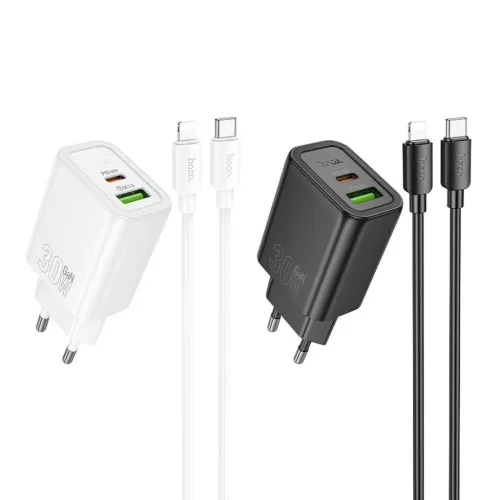 HOCO fali töltő USB-A + Type-C + Type-C Lightning kábel PD QC3.0 3A 30W N63 fekete,