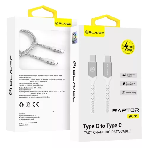 Blavec Cable Raptor fonott - Type C - Type C - PD 60W 3A 2 méter (CRA-CC3WS20) fehér-ezüst