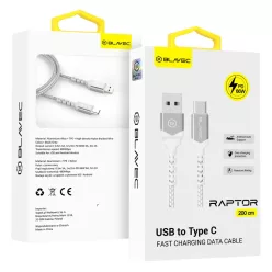   Blavec Kábel Raptor fonott - USB-C típus - PD 66W 6A 2 méter (CRA-UC6WS20) fehér-ezüst