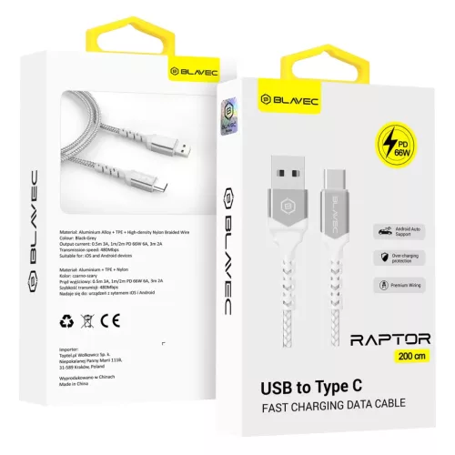 Blavec Kábel Raptor fonott - USB-C típus - PD 66W 6A 2 méter (CRA-UC6WS20) fehér-ezüst