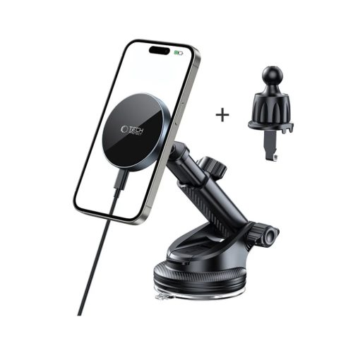 Tech-protect Mm15w-v5 magic-mágneses Magsafe műszerfal és szellőző autós tartó vezeték nélküli töltő 15W fekete/fekete