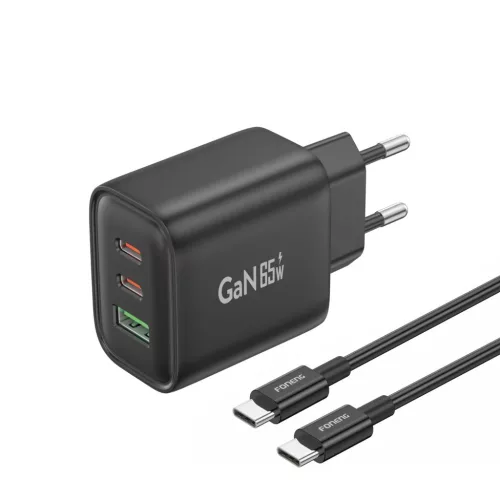 Foneng fali töltő GaN10-EU - USB + 2xType C - QC 4.0+ PD 65W Type C to Type C kábel fekete PPS támogatás