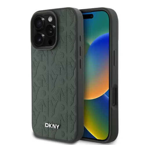 iPhone 16 Pro Zöld DKNY PU Bőr Rácsmintás Magsafe Tok