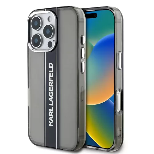 iPhone 16 Pro fekete Karl Lagerfeld IML Stripe Logo tok