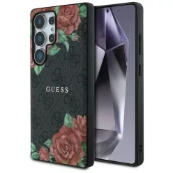   Guess Bőr 4G Virágmintás Fém Klasszikus Logós MagSafe Tok Samsung Galaxy S25 Ultra - Fekete tok