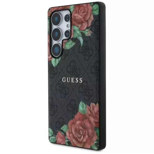 Guess Bőr 4G Virágmintás Fém Klasszikus Logós MagSafe Tok Samsung Galaxy S25 Ultra - Fekete tok