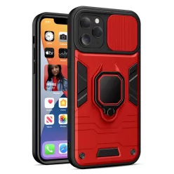  iPhone 14 Plus Ring Lens tok kameralencse védővel és kihajtható támasszal piros