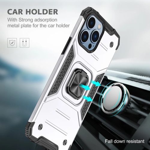 iPhone 14 Ring Armor Case Kickstand tok kihajtható mágneses támasszal ezüst Alphajack