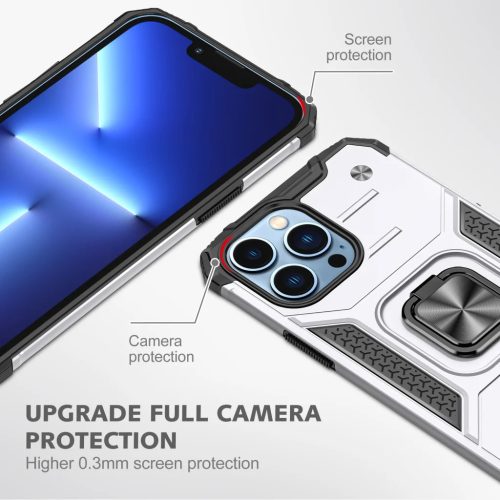 iPhone 14 Ring Armor Case Kickstand tok kihajtható mágneses támasszal ezüst Alphajack