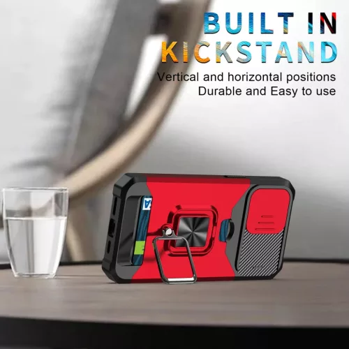 iPhone 14 Pro Max Ring Armor tok kameralencse védővel, kihajtható támasszal, kártyatartóval rózsaszín Alphajack