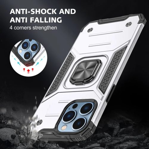 iPhone 14 Plus Ring Armor Case Kickstand tok kihajtható mágneses támasszal ezüst Alphajack