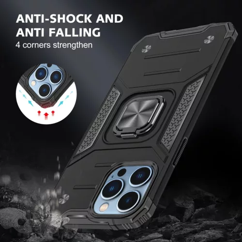 iPhone 14 Pro Max Ring Armor Case Kickstand tok kihajtható mágneses támasszal fekete Alphajack