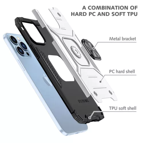 iPhone 14 Pro Max Ring Armor Case Kickstand tok kihajtható mágneses támasszal ezüst Alphajack