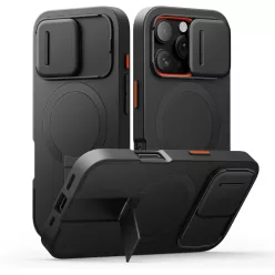  iPhone 16 Pro SURITCH Magsafe tok, kihajtható állvánnyal, fekete ütésálló