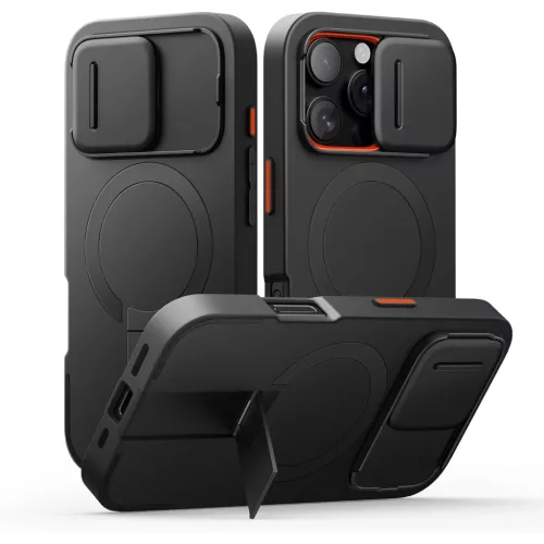 iPhone 16 Pro SURITCH Magsafe tok, kihajtható állvánnyal, fekete ütésálló