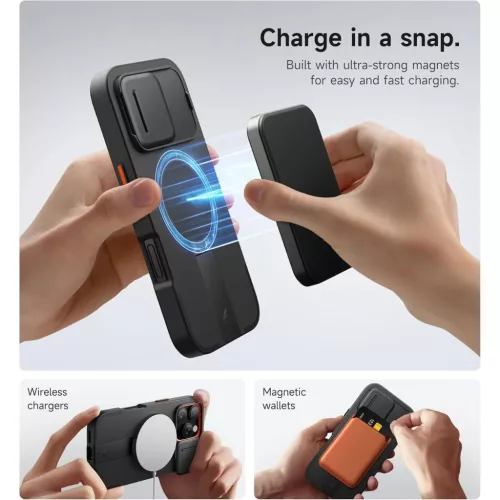 iPhone 16 Pro SURITCH Magsafe tok, kihajtható állvánnyal, fekete ütésálló