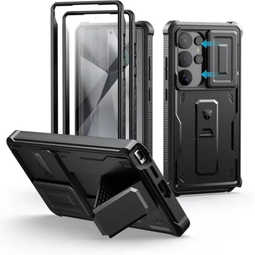 Samsung Galaxy S25 Ultra 360 fekete ütésálló Dexnor tok kihajtható állvánnyal