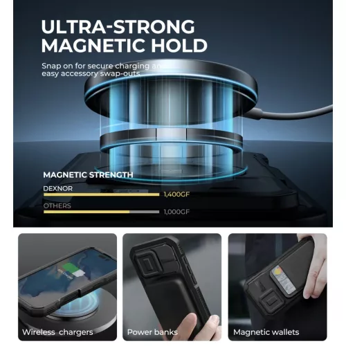 iPhone 16 Pro Dexnor Magsafe 360 tok, kihajtható állvánnyal, fekete ütésálló