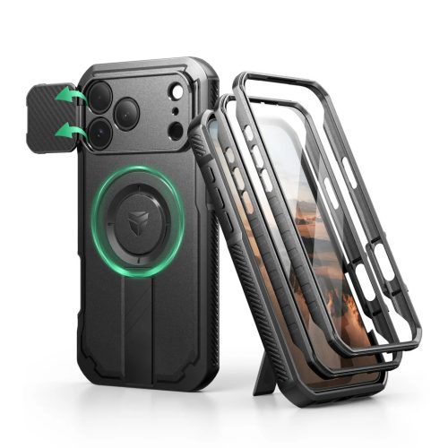 iPhone 17 Pro Max Dexnor MagSafe ütésálló 360 tok kihajtható állvánnyal és kameravédővel fekete