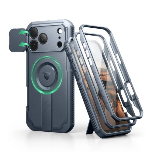 iPhone 17 Pro Max Dexnor MagSafe ütésálló 360 tok kihajtható állvánnyal és kameravédővel kék